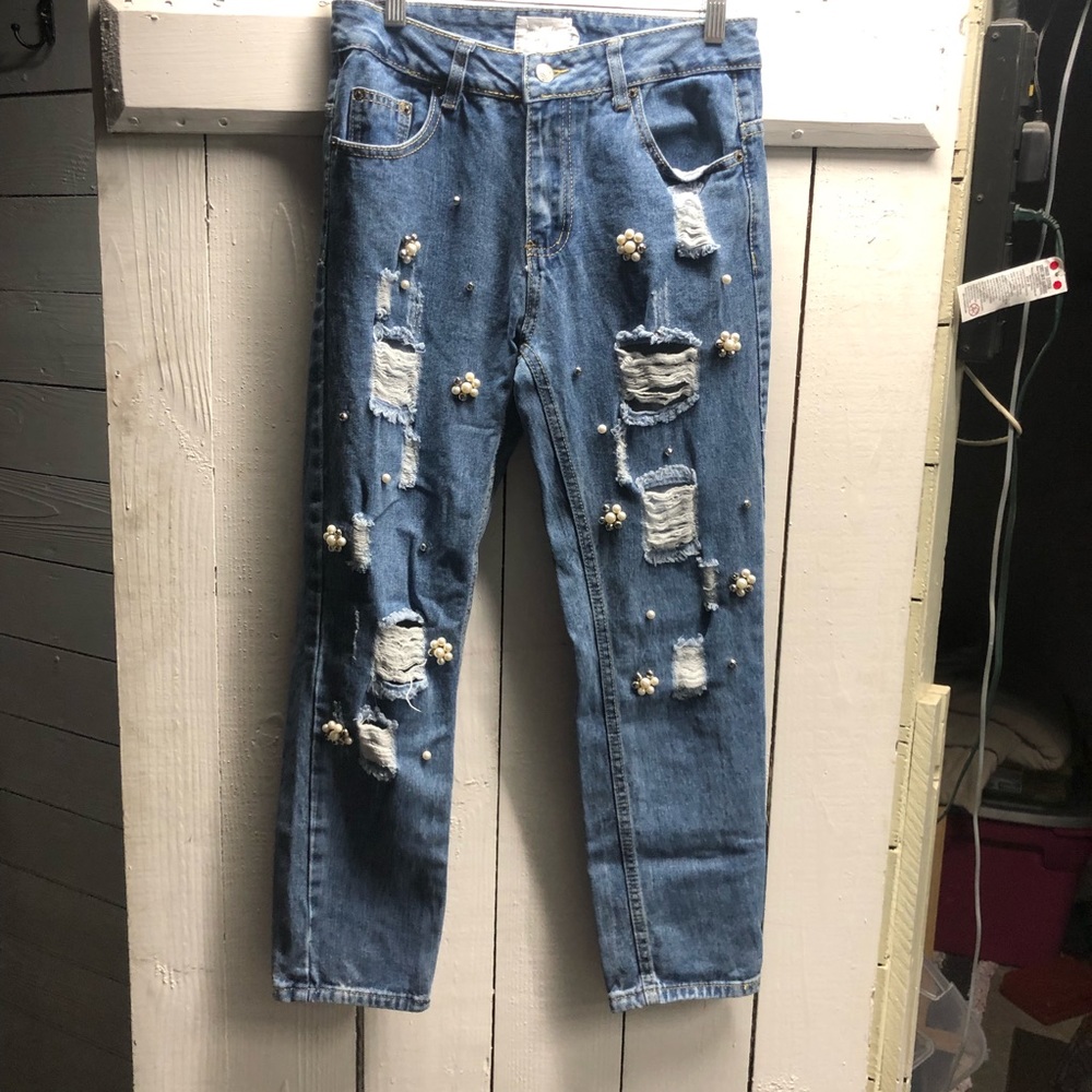 Midnight Muse Womens Distressed and Bedazzled Straight Leg Jeans Size 27 Regular